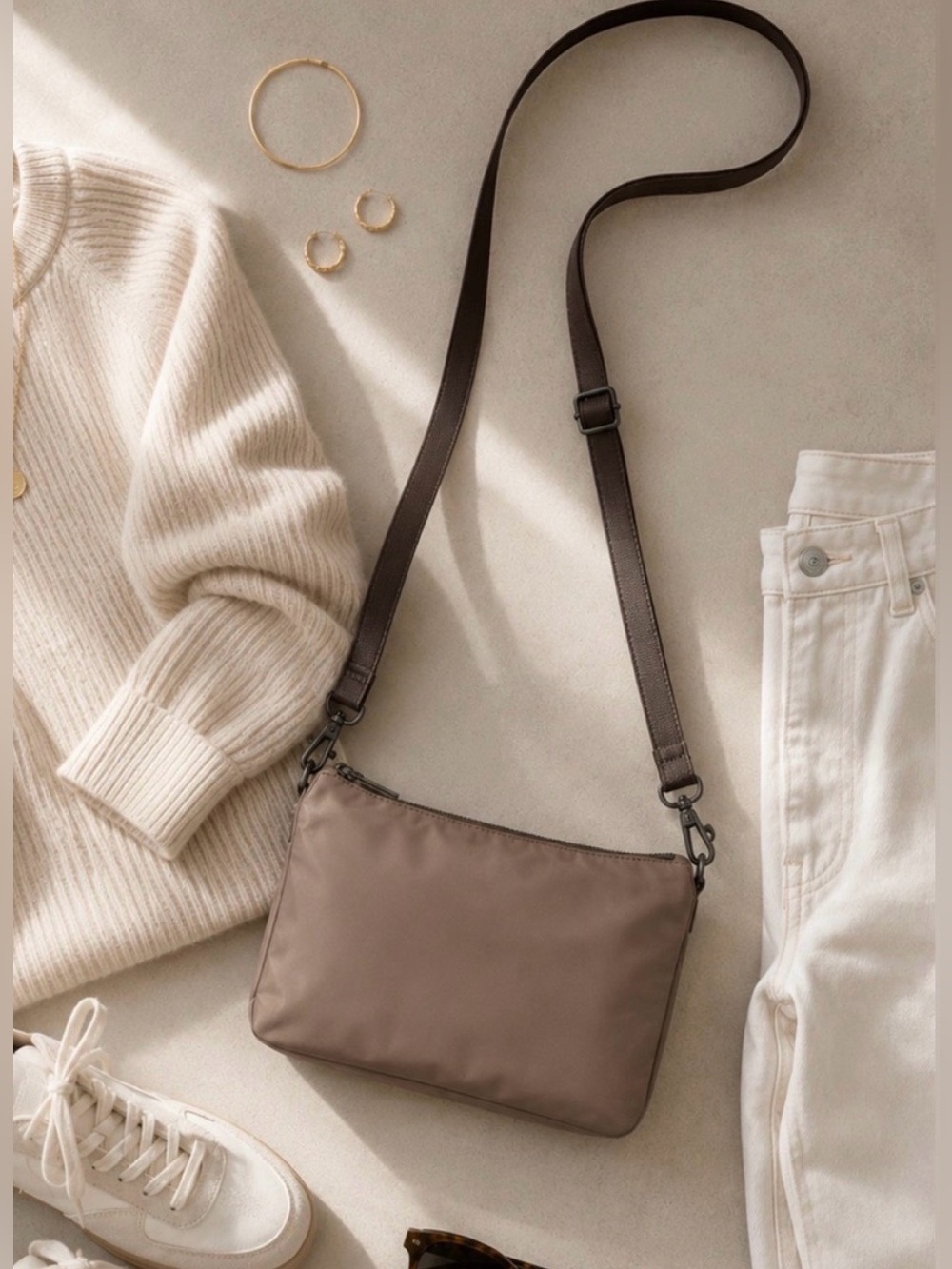 Pixie Mood Taupe Recycled Nylon Minimalist Crossbody Bag Adjustable Strap
